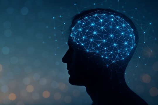 Human head silhouette with glowing neural network visualization symbolizing brain activity and artificial intelligence concept in digital technology style. Ai generative