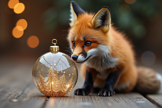 Red fox curiously examining a Christmas ornament on wooden surface