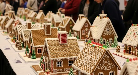 Obraz premium A festive display of intricately decorated gingerbread houses at a Christmas competition.