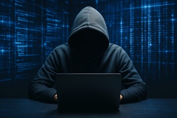 Mysterious hooded hacker working at laptop in dark room with digital binary code background, symbolizing cybercrime and data breach concept. Ai generative