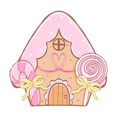 Cute Gingerbread Candy House &ndash; Pink Pastel Christmas Cookie Home with Lollipop and Bow, Sweet Coquette Holiday Illustration for Stickers and Crafts