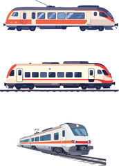 Train vector illustration set. Modern passenger electric train in side and isometric view. Public transportation design element.