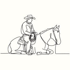A cowboy on horseback, illustrated with a single continuous line, capturing the essence of equestrian sport