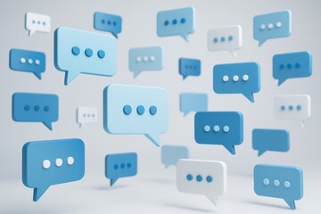 Floating blue and white chat bubbles with ellipses on light background symbolizing digital communication and conversation concept in technology. Ai generative