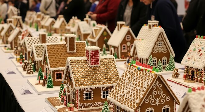 A festive display of intricately decorated gingerbread houses at a Christmas competition.