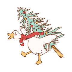 Funny goose with a scarf dragging a freshly cut Christmas tree, preparing for decoration. tree transport, holiday prep.