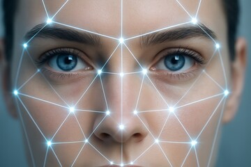 Close-up of human face with biometric scanning grid, highlighting facial recognition technology concept in a futuristic digital environment. Ai generative
