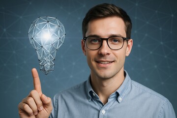 Smiling man in glasses pointing at glowing geometric lightbulb symbolizing innovation and digital technology concept in futuristic style on dark background. Ai generative