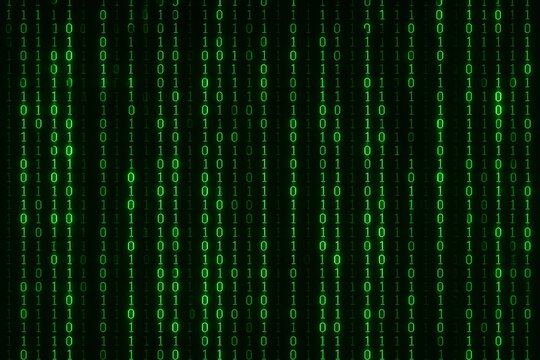 Binary code digital background with glowing green numbers in matrix style on dark backdrop illustrating futuristic data technology concept. Ai generative