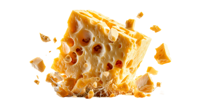 Yellow cheese block with holes breaks apart in motion