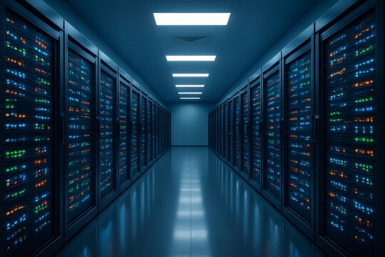 Futuristic data center interior filled with illuminated server racks in symmetrical corridor, glowing lights in dark blue environment. Ai generative. Ai generative