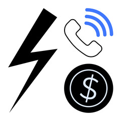 Black lightning bolt, phone with blue signal waves, and dollar coin. Ideal for energy, communication, finance, technology, connectivity savings innovation. Simple flat metaphor