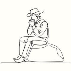 Continuous line drawing of a lone cowboy taking a break to eat a meal while sitting on a rock in a minimalist outdoor setting, showcasing rugged independence