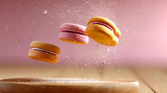 Delightful macarons dancing in midair with vibrant colors and sugar sprinkles