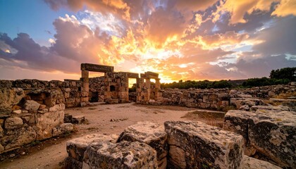 Ancient Stone Ruins Bathed in the Golden Glow of a Dramatic Sunset Sky with Fiery Clouds Overlooking a Distant Horizon