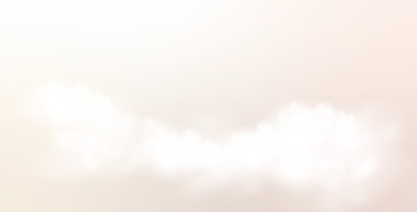 Beige sky with white clouds. Sky creamy landscape background. Heaven fog air template. Summer heaven morning. Paradise sweet backdrop. Vector illustration.