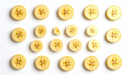 Arrangement of sliced ripe bananas arranged in rows on a clean white background top down view healthy food concept