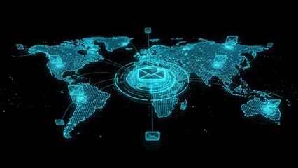 A glowing global network of a message icons on digital map showing global email verification, communication, and email secure system