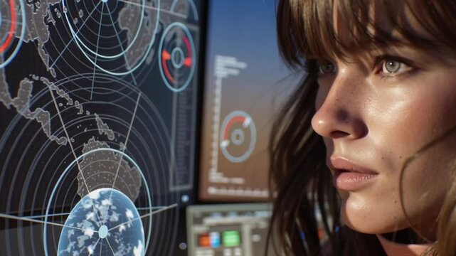 Analyzing the Global Landscape: A focused woman intently studies intricate digital interfaces displaying complex geographical data. Her serious gaze underscores her commitment to navigation.