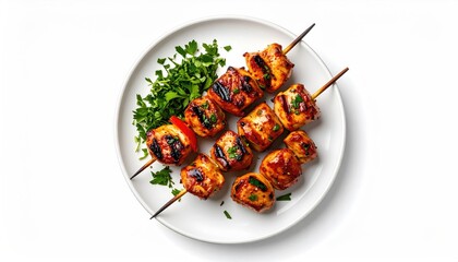 Grilled Chicken Skewers with Glazed Sauce and Parsley Garnish on a White Plate Overhead View
