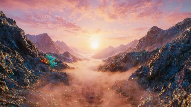 Vivid, mountainous landscape at dawn with fantastical plants, and ethereal fog