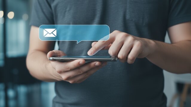 A man holding a smartphone with glowing alert message bubble showing safe communication and data protection, email verification, email secure