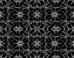 Intricate black and white repeating geometric pattern, symmetrical, floral