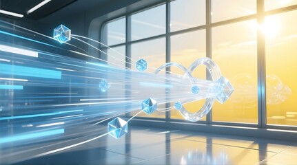 Data stream flowing through a modern office with cubes and light trails