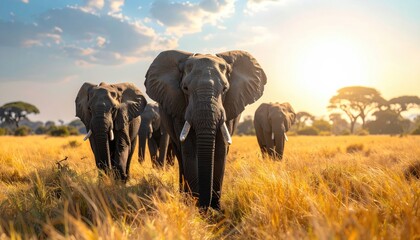 Herd of African Elephants Walking Through Tall Golden Grass Under a Warm Sunset Sky