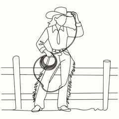 Cowgirl in Western Wear Holding Lasso in Front of Wooden Fence, Vector Illustration