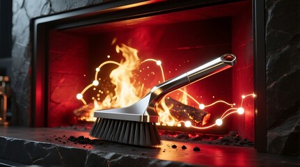 Fireplace cleaning set with brush and shovel in front of a burning fire