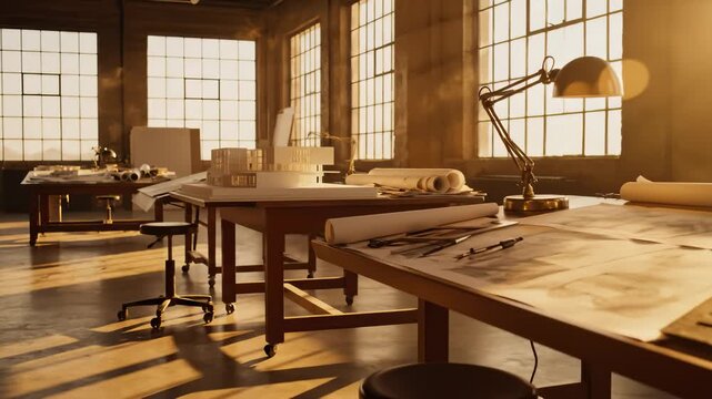 Architect's Studio With Building Model, Drafting Table, and Golden Lighting