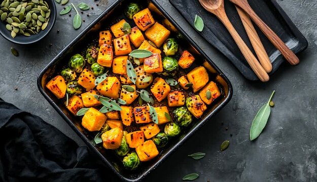 Overhead flat lay food photography, roasted butternut squash cubes and Brussels sprouts in black baking dish, garnished with fresh 

sage leaves and pumpkin seeds, wooden serving utensils in dish
