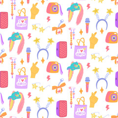 Seamless pattern with k-pop items. Column, souvenirs, keychain, hairpin, heart, camera, glasses. Korean music industry. Colorful flat texture for children's products, textiles, packaging, design.