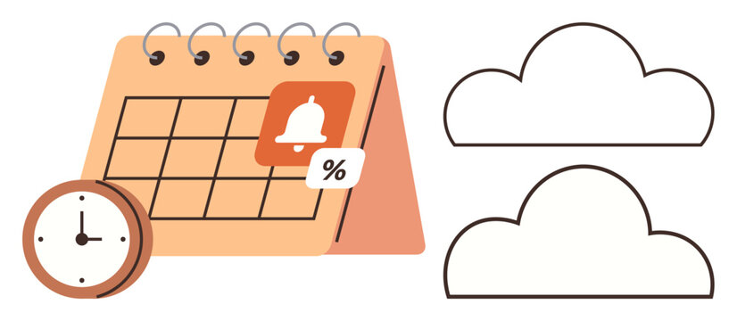 Calendar marked with alert icon, a clock, and cloud symbols. Ideal for time management, organization, deadlines, reminders, cloud backup planning and productivity. Clean simple flat metaphor