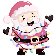 Kawaii Santa Claus character with colorful lights, spreading joy and cheer during holiday season