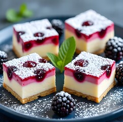 berry vanilla cream squares (Beeren-Vanille-Creme-Quadrate ohne Backen) arranged beautifully on a dark blue plate