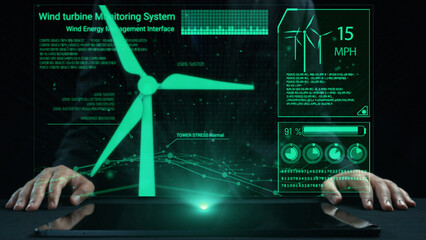 This image showcases a cutting-edge wind turbine monitoring system, featuring a sleek digital interface that displays critical performance metrics for renewable energy management. Cipher