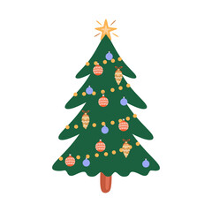 Traditional Xmas tree decorated with festive baubles, star topper. Christmas fir with winter decoration, ball ornament, star isolated on white background. Colored flat vector illustration