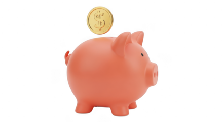 Pink piggy bank with gold coin on top isolated on transparent background