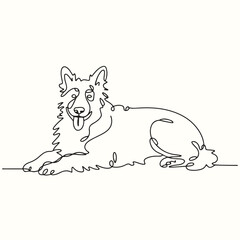 Minimalist single continuous line drawing capturing the playful spirit of a relaxed loyal dog, perfect for modern graphic design projects