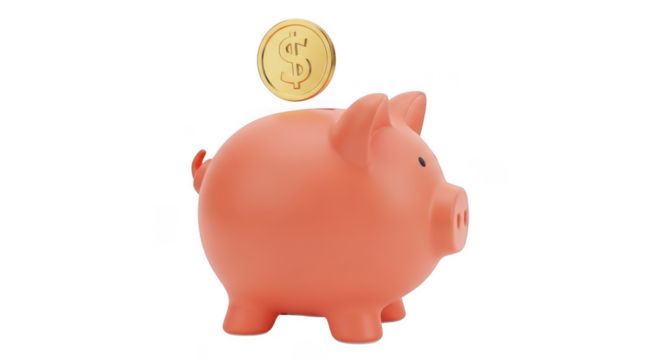 Pink piggy bank with gold coin on top isolated on transparent background