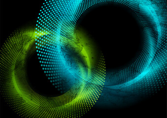 Obraz premium Blue green glowing dotted circles abstract grunge tech background. Vector minimal geometric smooth design