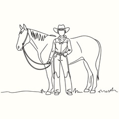 A single continuous line drawing of a western cowgirl standing with her loyal horse, a minimalist illustration of ranch life