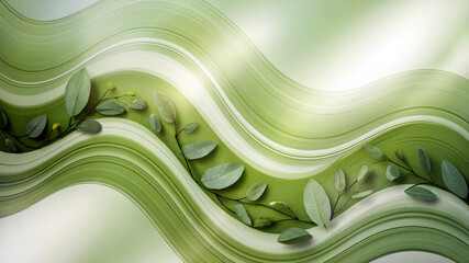 Green abstract waves with soft flowing lines and natural leaf texture background
