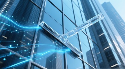 Futuristic window cleaning with glowing blue accents on a skyscraper