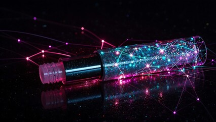 Glowing network inside a glass bottle on a dark background with reflections