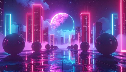 Cyberpunk cityscape with neon skyscrapers, reflective spheres, wet street, and dreamy moon under a clouded sky