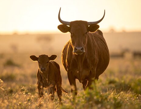 Mother cow and calf in field during golden hour at sunrise