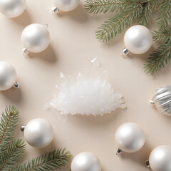White Christmas ornaments and pine branches on beige background  